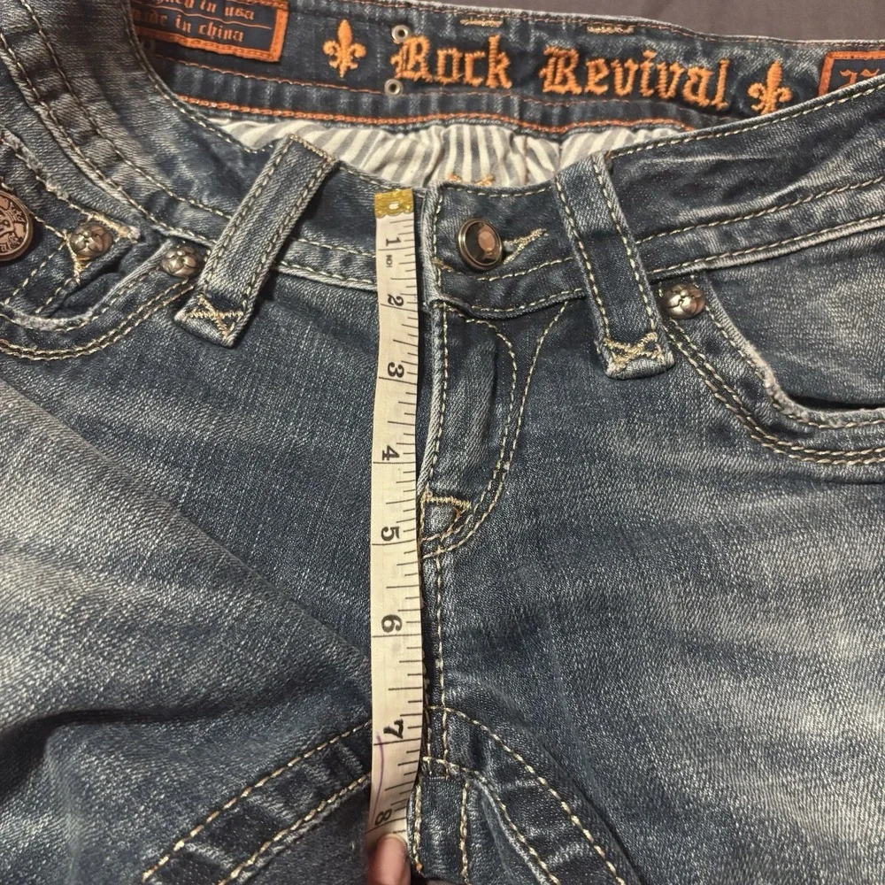 Y2K Rock Revival Celine Boot Cut Jeans Size 27 Distressed Flap Pocket Blue Denim